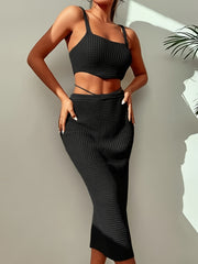 Knitted Two piece Set Spaghetti Crop Top & High Waist Split Skirts