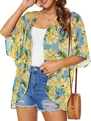 Floral Print Cover Up Shirt V Neck Loose Fit Half Sleeves Casual Kimono