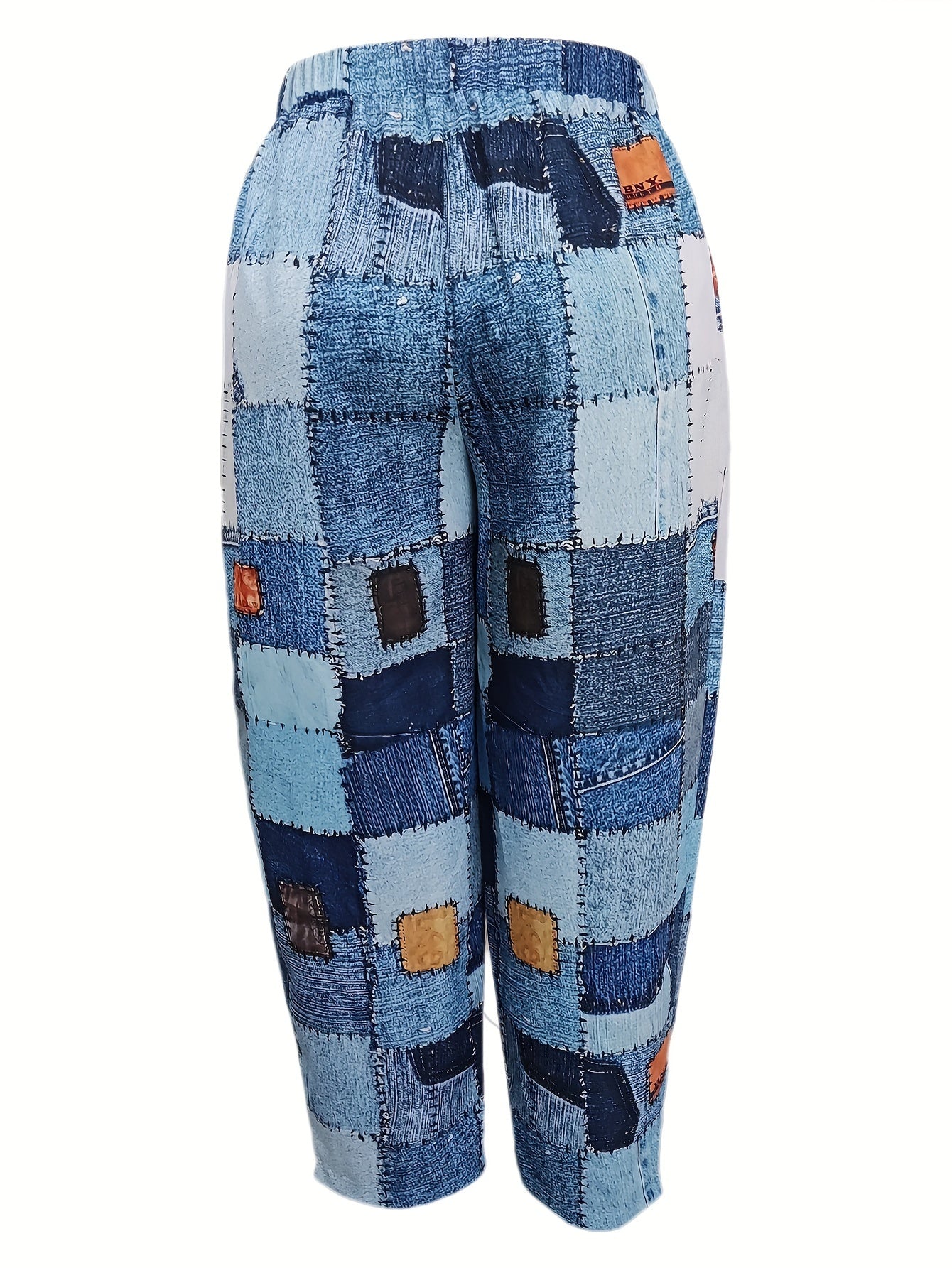  Denim Print Elastic High Rise Loose Fit Trousers