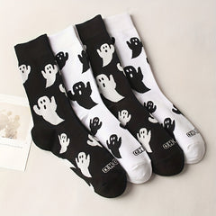 2 Pairs Cartoon Ghost Socks & Funny Halloween Crew Socks Women's Stockings