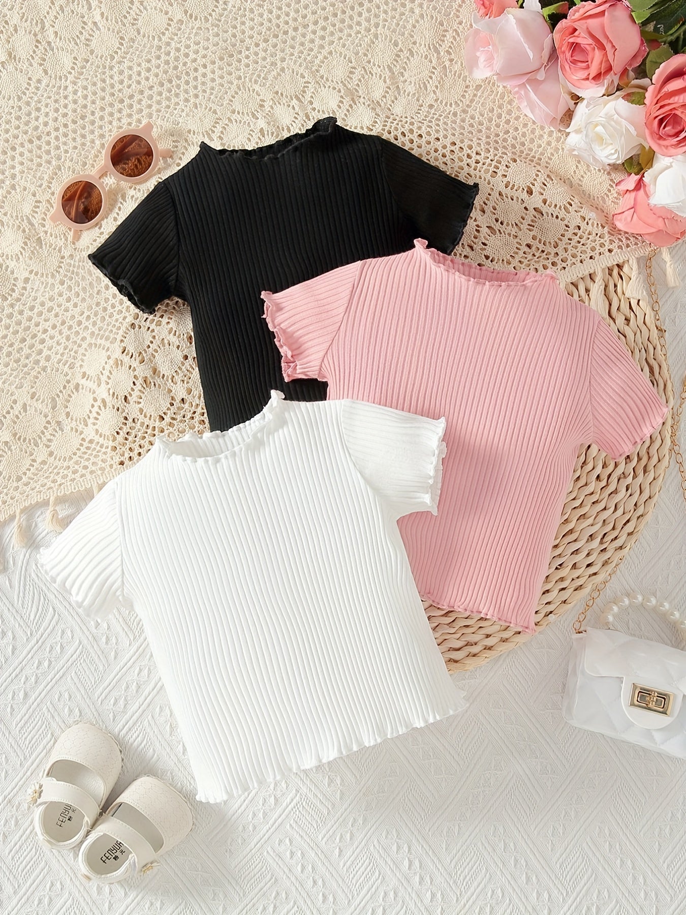 Baby Girls Cotton Ribbed Knit T shirt 3pc Set
