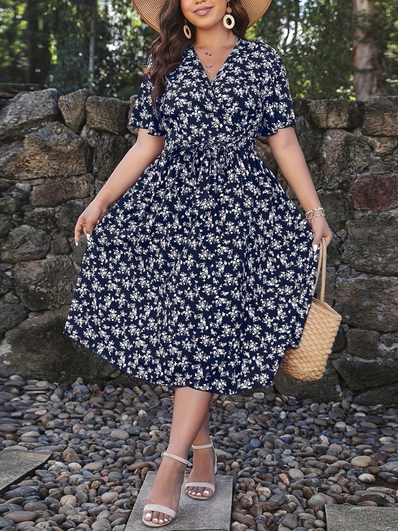  Boho Dress Women's Plus Ditsy Floral Print Butterfly Sleeve