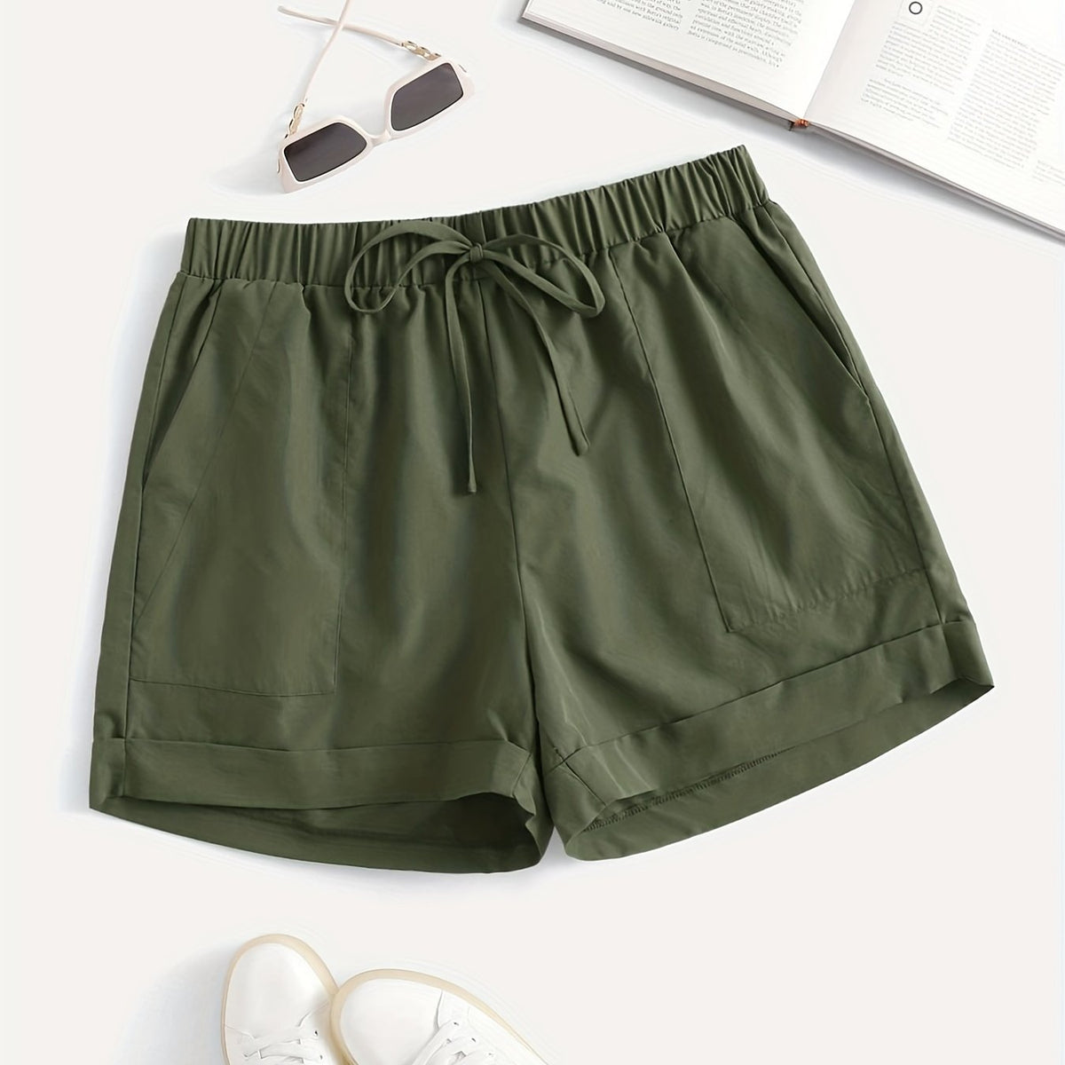 Casual Shorts Women's Plus Solid Elastic Drawstring Shorts
