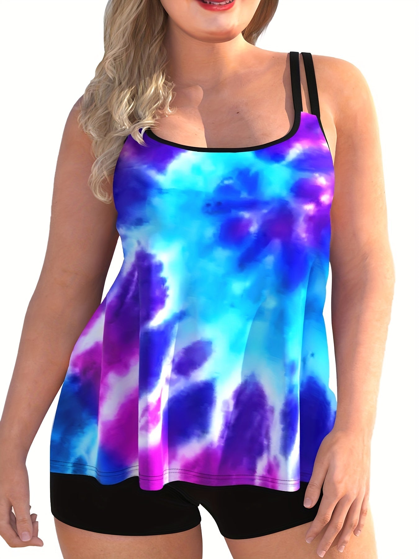  Tie Dye Cami & Biker Shorts Set Women's Plus Stretch Vacation 2pcs