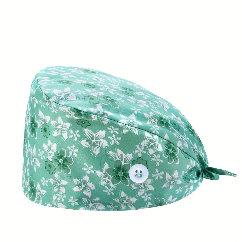Cartoon Print Work Hat Adjustable Nurse Hat With Buttons Elastic Scrub Cap