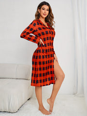 Plaid Print Button Lounge Dress Lapel Pocket Long Sleeve