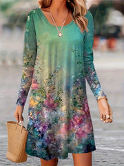  Floral Print Long Sleeve Round Neck Dress