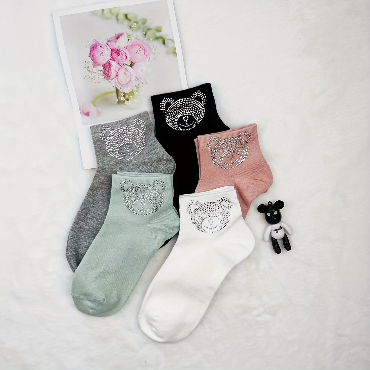 5 Pairs Cartoon Bear Rhinestone Socks Comfy Short Socks