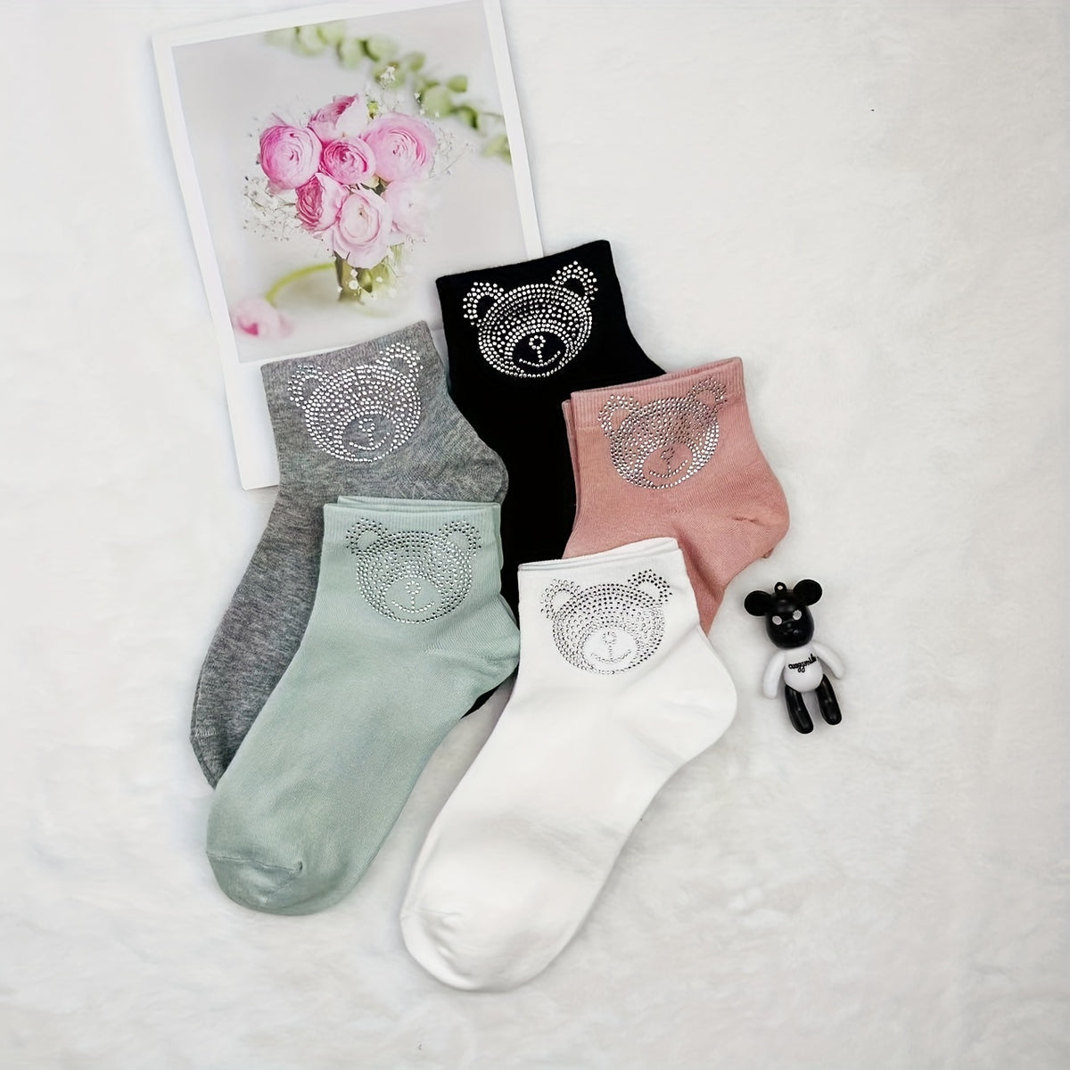5 Pairs Cartoon Bear Rhinestone Socks Comfy Short Socks