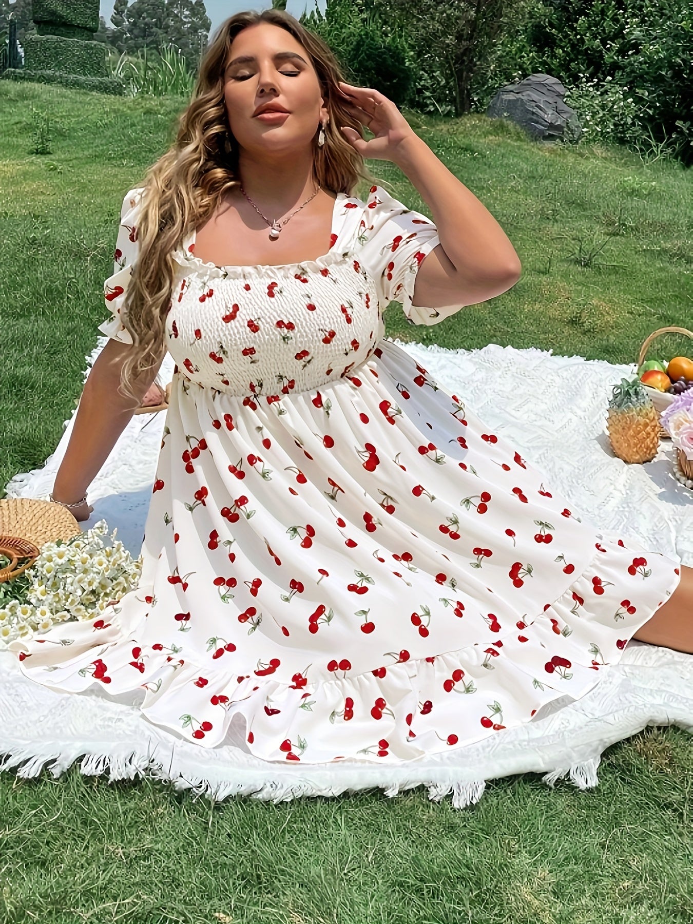 Plus Size Women's Cherry Print Ruffle Trim Puff Sleeve A-Line Dress