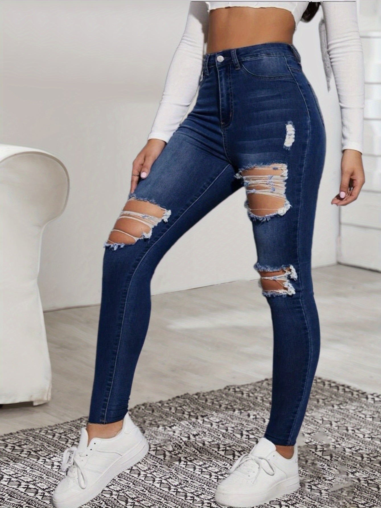 High Rise Distressed Skinny Jeans Slim Fit Denim Pants