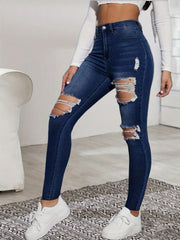 High Rise Distressed Skinny Jeans Slim Fit Denim Pants