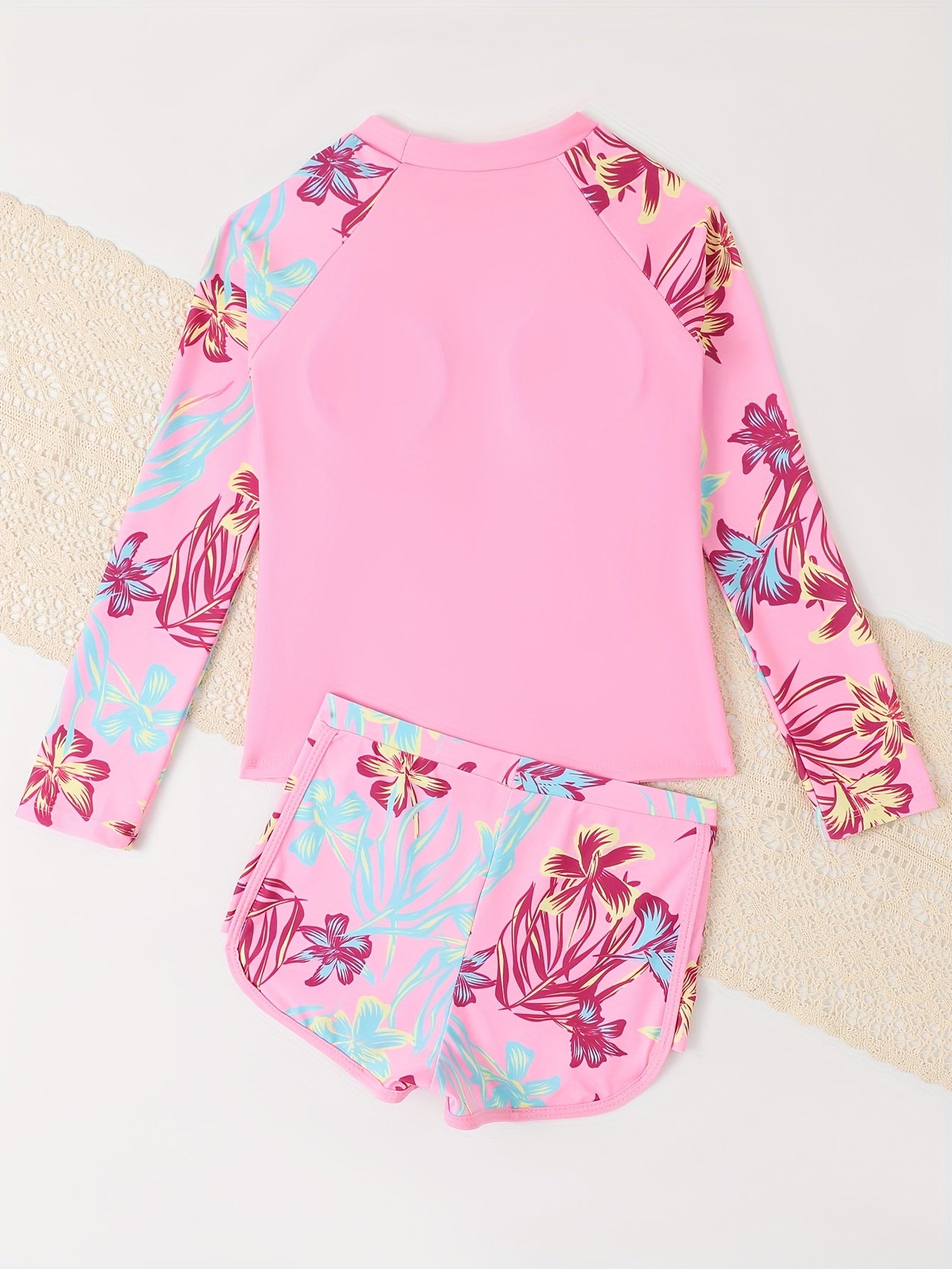 2pcs Girls Splicing Sun Protection Long Sleeve Tankini Swimwear for Summer Gift