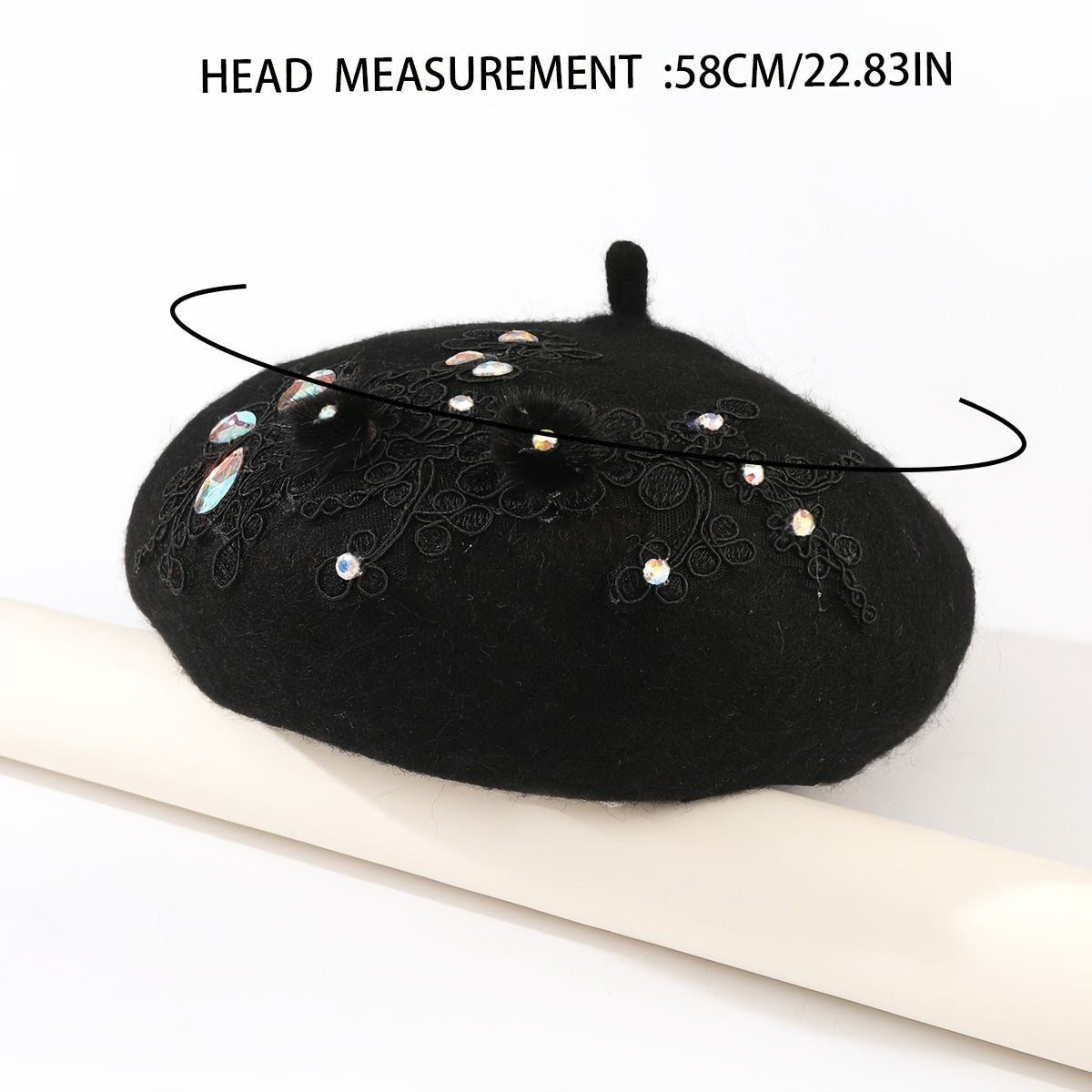 Rhinestone Flower Woolen Beret Hat for Women Girls