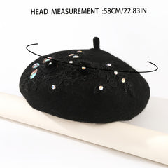 Rhinestone Flower Woolen Beret Hat for Women Girls
