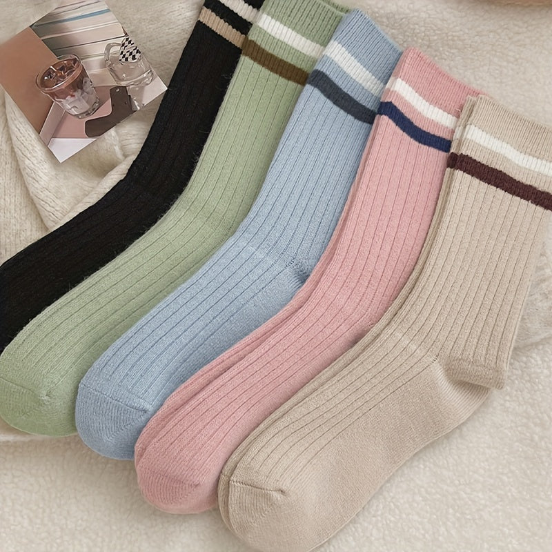 5 Pairs Striped Print Socks Mid Tube Women's Stockings