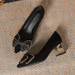 Women's Bowknot Pumps Pointed Toe Slip On Chunky Mid Heels Shoes