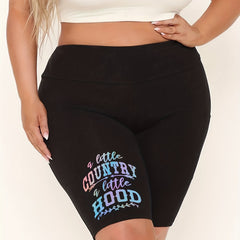 Women's Plus Graphic & Letter Print High Rise Skinny Fitness Shorts