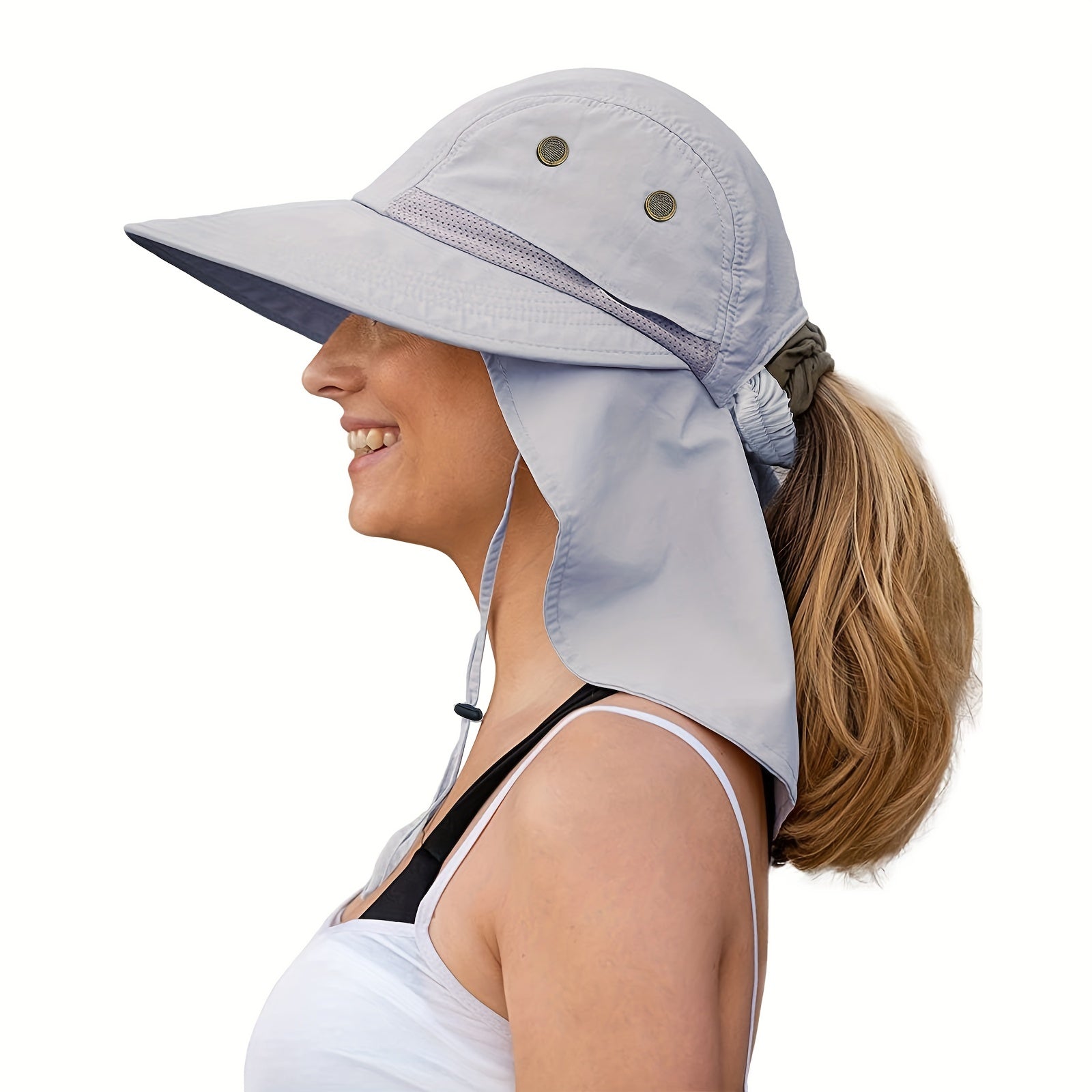 Wide Brim UPF 50 Sun Hat UV Protection Ponytail Bucket Hat With Neck Flap
