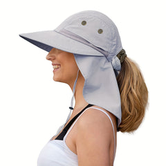 Wide Brim UPF 50 Sun Hat UV Protection Ponytail Bucket Hat With Neck Flap