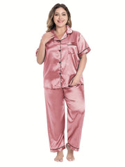  Satin Pajama Set Short Sleeve Button Up Shirt & Pants 2 Piece
