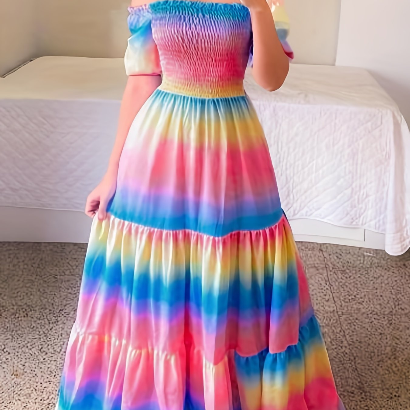  Colorblock Ombre Print Off Shoulder Maxi Dress