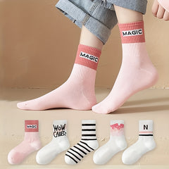 5 Pairs Letter Print Socks Comfy & Breathable Women's Stockings & Hosiery