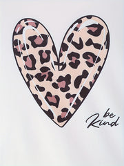 Heart Print Lounge Set Long Sleeve Crew Neck Top & Leopard Shorts