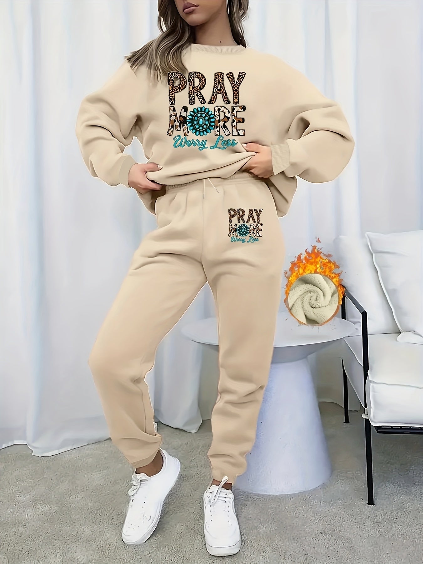  Leopard Print Fleece Crew Neck Sweatshirt & Joggers Set