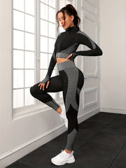 Gray Zippered Long Sleeve Top & Pants Set Women's Activewear