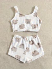  Bear Pattern Flannel Crop Tank Top & Shorts 2-Piece Set