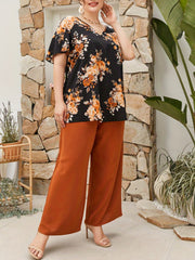Floral Print Top & Wide Leg Pants Set Plus Size