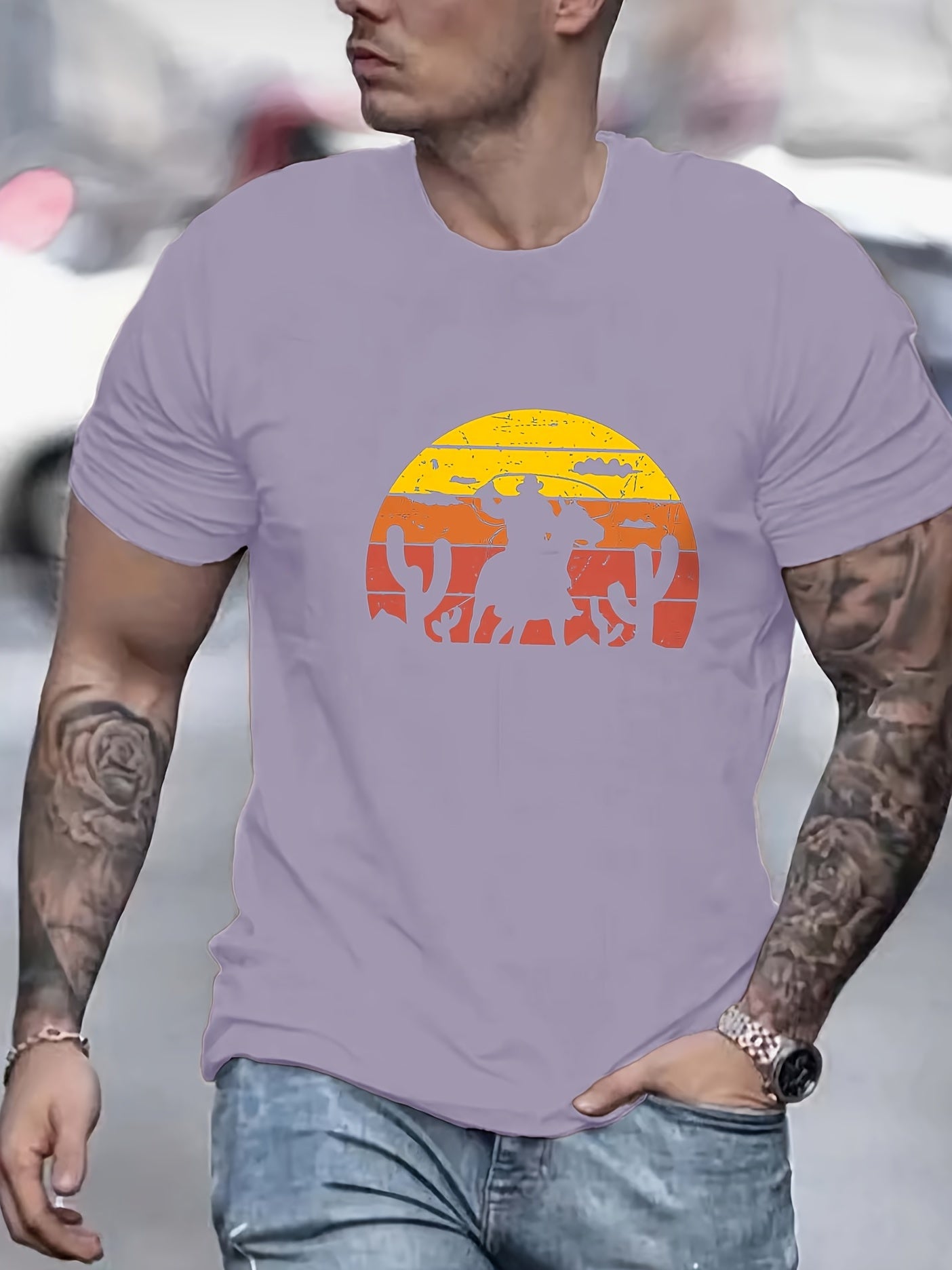 Old West Cowboy Print Men's Graphic Crew Neck Active T shirt Casual Comfy Tees