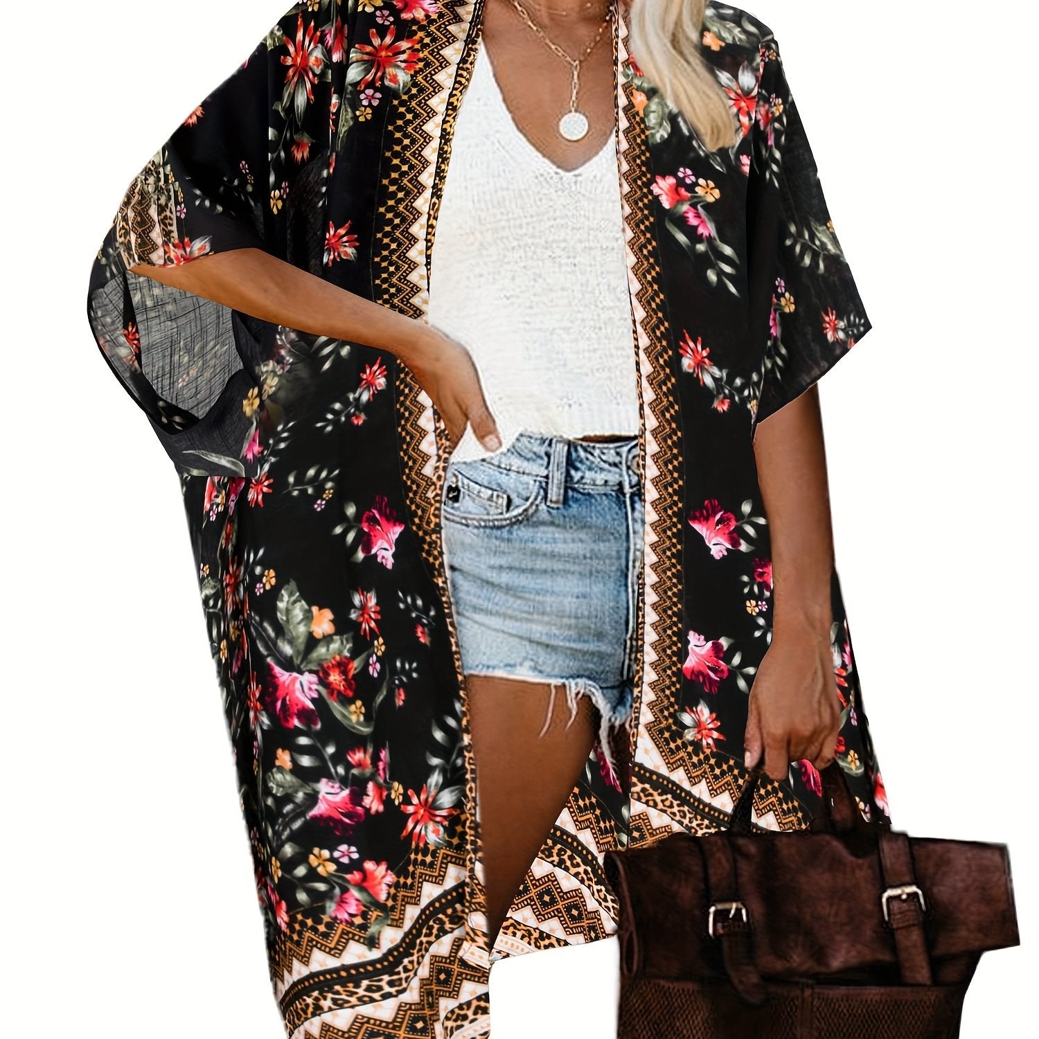  Border Floral Print Batwing Sleeve Beach Cover Up