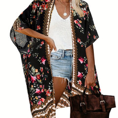  Border Floral Print Batwing Sleeve Beach Cover Up