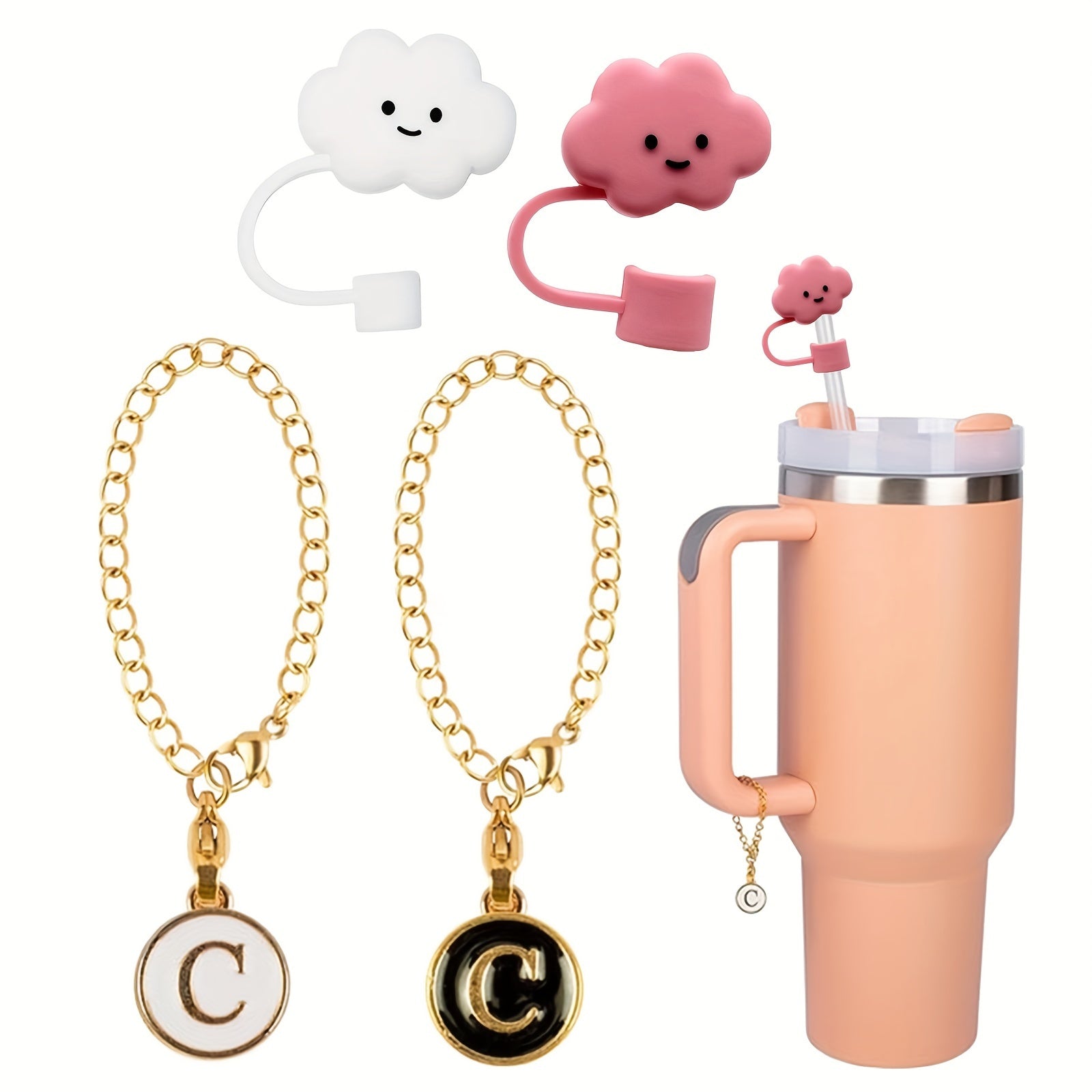 2pcs Round Letter Pendant for Cup Handle + 2pcs Dustproof Straw Covers