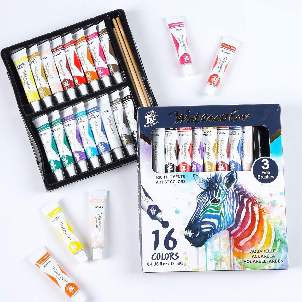 Watercolour Paint Set 16x12ml Tubes Lightfast Permanent Pigments Artists