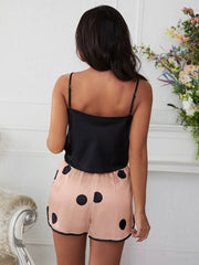 Women's Satin Pajama Set: Solid Cami Tops & Polka Dot Print Shorts