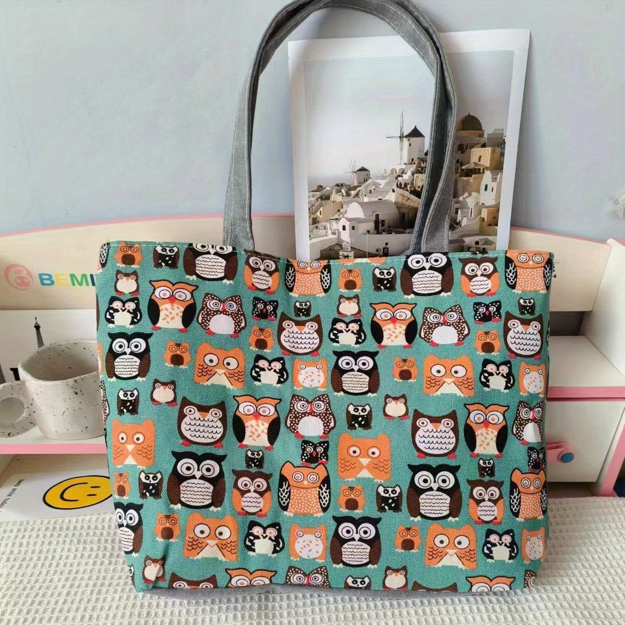 Canvas Vintage Geometric Pattern Tote Bag Large Capacity Shoulder Bag