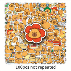 100pcs Capybara Vinyl Stickers for DIY Water Bottles Laptops, Brown, Waterproof