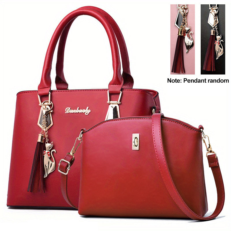 2pcs Tassel Decor Handbag & Crossbody Bag Set Women's Office & Work Purse
