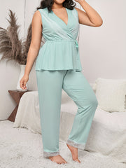  Lace Waist Peplum Top & Pants Pajama Set