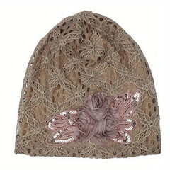Flower Decor Lace Beanie Solid Turban Hat Lightweight Chemo Cap