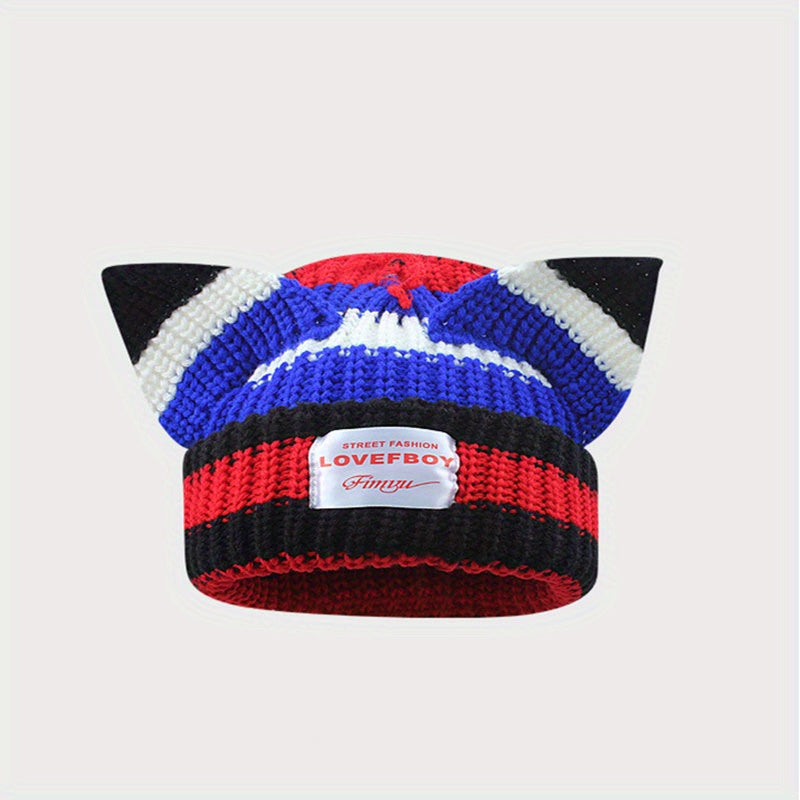 Y2K Block Knitted Beanie Pig Ears Warm Skull Cap Unisex Hip Hop