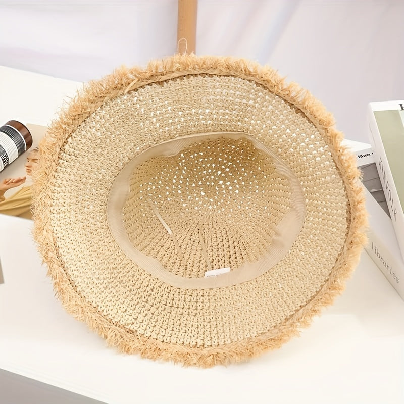 Frayed Brim Sun Hat Packable Wide Brim Beach Hat