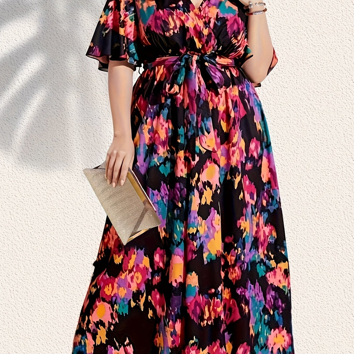  Boho Butterfly Sleeve Maxi Dress With Belt