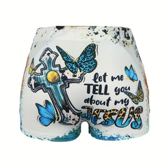  Women's Western Style Shorts with Butterfly & Cross Print