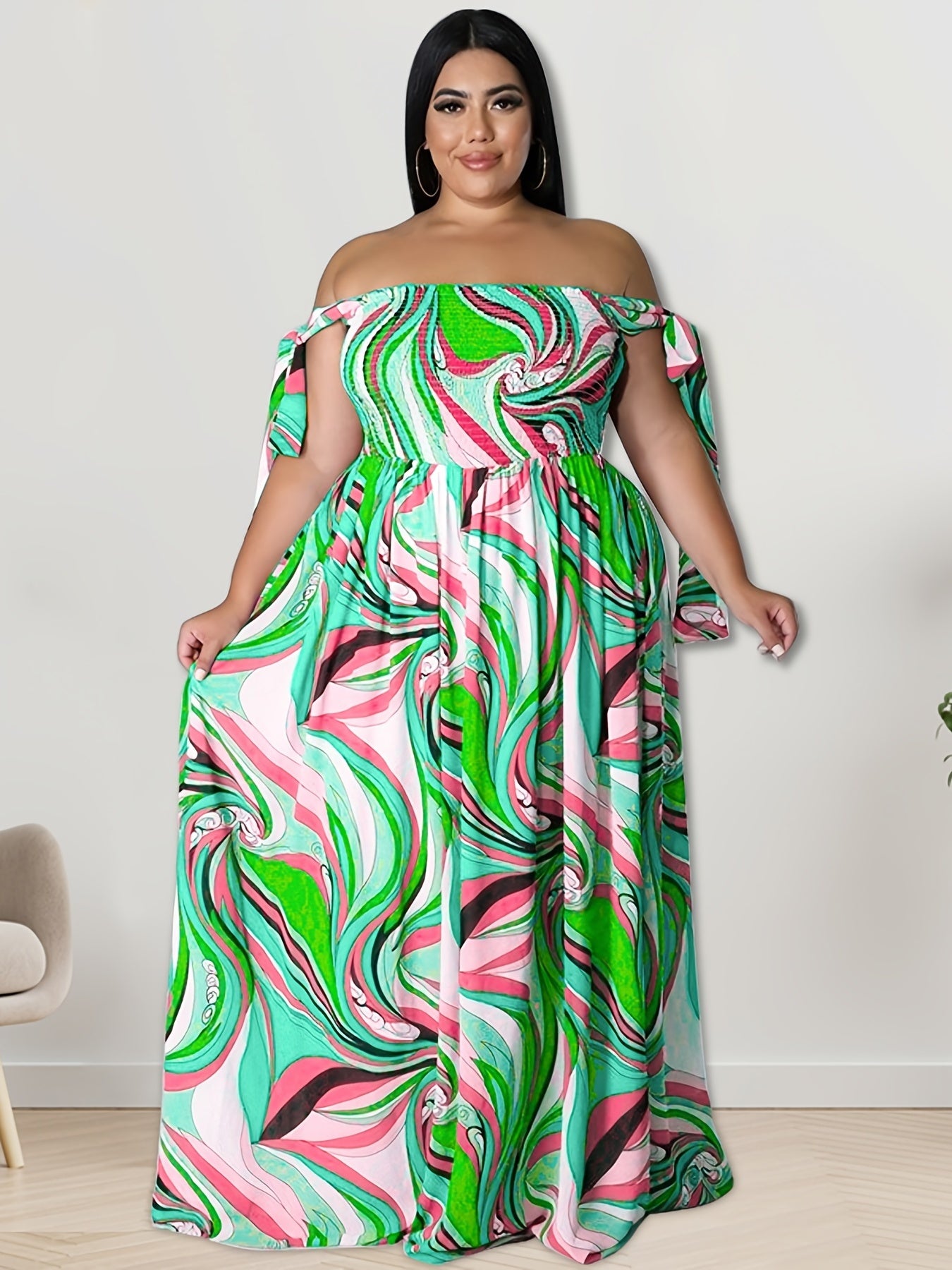  Off Shoulder Shirred Maxi Dress Women's Plus Medium Stretch
