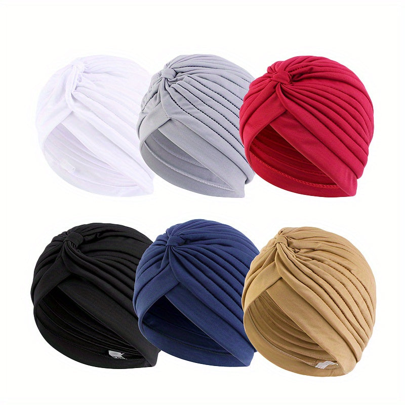6pcs Pleated Bowknot Turban Cap Solid Elastic Head Wrap Hijab