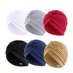 6pcs Pleated Bowknot Turban Cap Solid Elastic Head Wrap Hijab